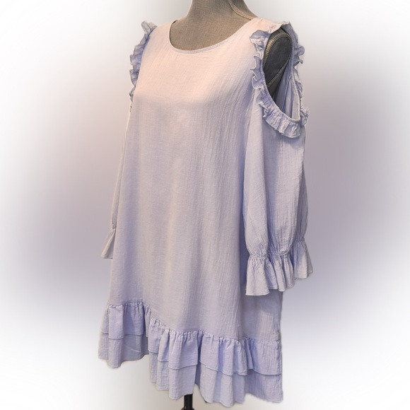 PAISLEY VINE Powder blue shoulderless long sleeve dress! Ruffles galore Excell L - Picture 2 of 8